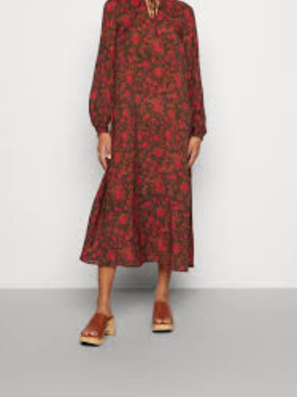 Minimum Plitta Midi Size Small Viscose Nylon Brown Pink Floral Long Sleeve Dress